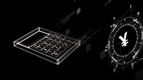 animation of currency yen symbol and calculator on black background