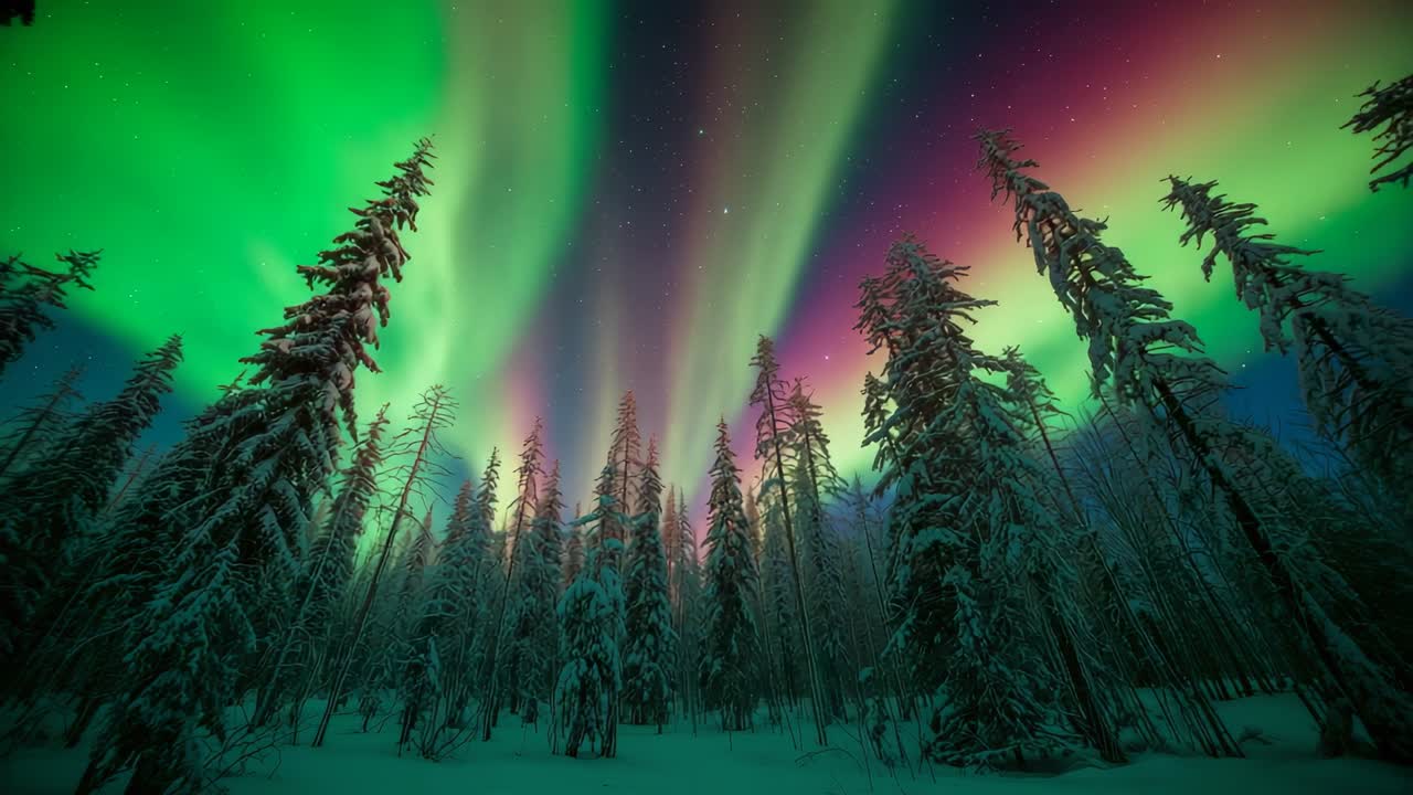 Emerging green glow above snow-covered evergreens sparking colorful aurora dancing across night sky