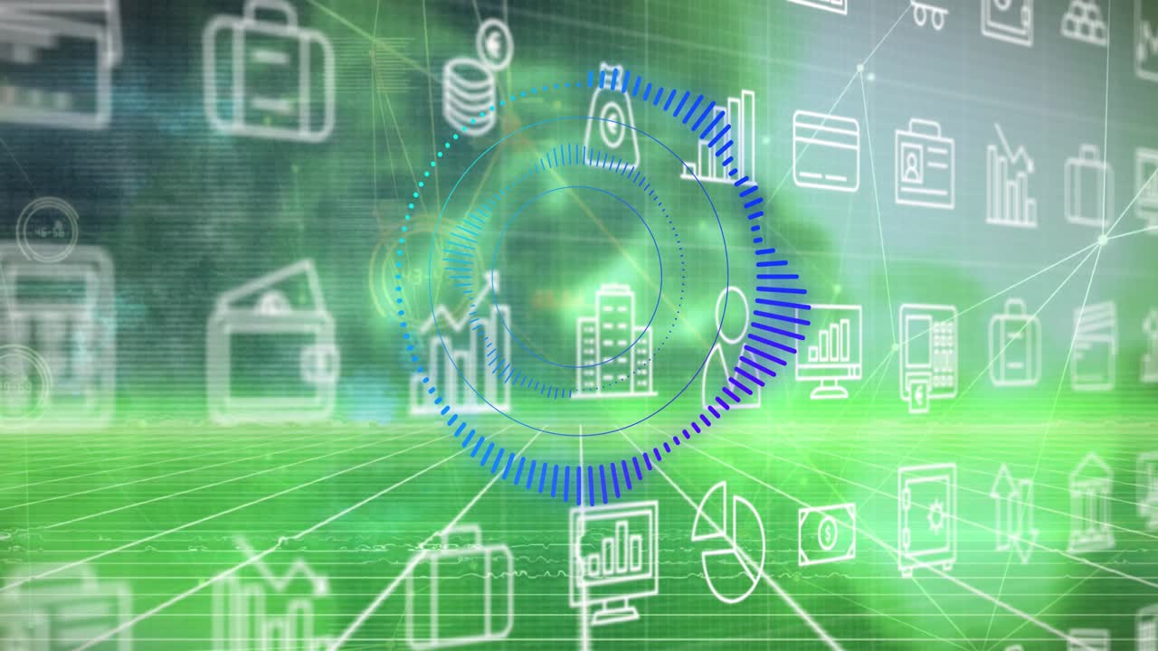 Animation of clock and financial data processing over empty office
