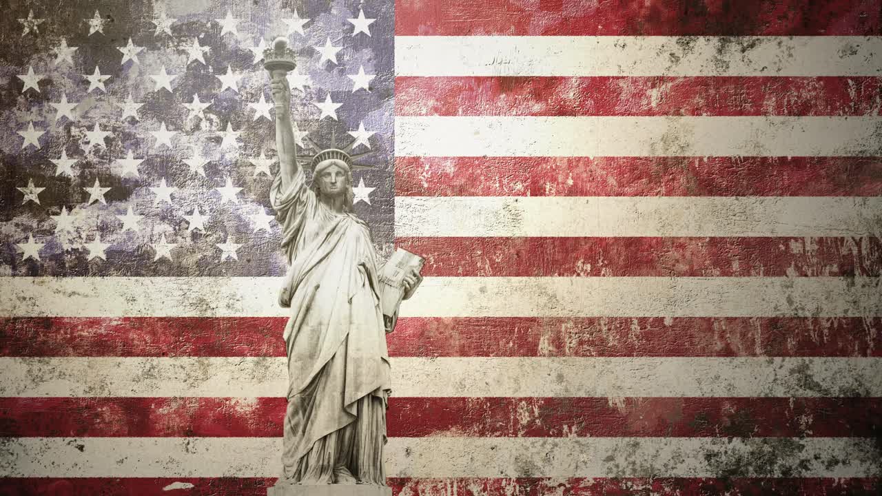 Statue of Liberty with american flag - grunge animated background, independence day stars and stripes backdrop