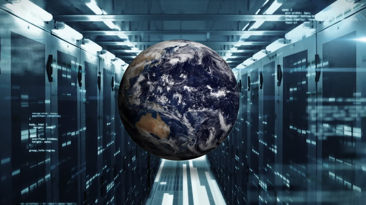 Animation of spinning globe, data processing and mosaic squares against computer server room