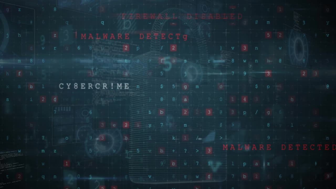 Animation of virus warning, padlock and data processing over dark background