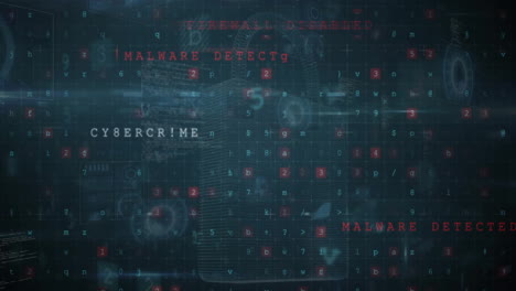 animation of virus warning, padlock and data processing over dark background
