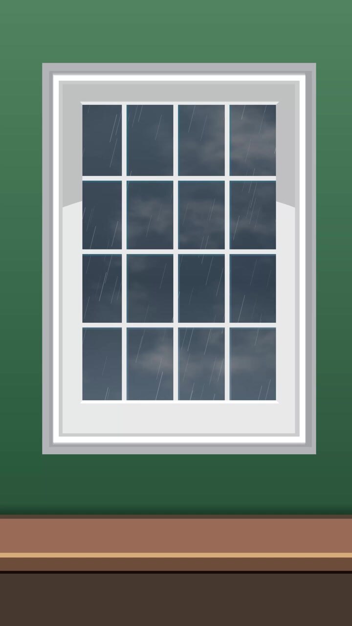 2D flat vector animation of an apartment facade with rain falling against window reflections.