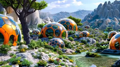 a group of orange domes sitting on top of a lush green hillside