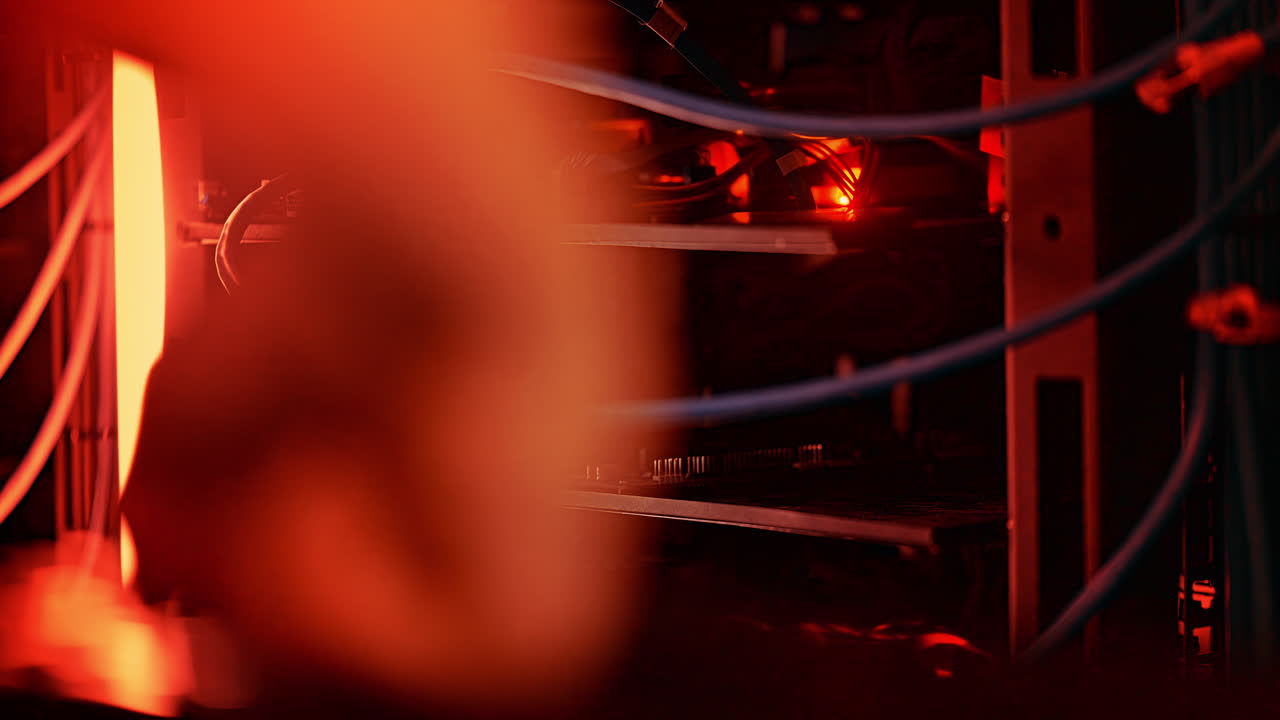 Close up of a man punching the keypad on a computer in a server room with flashing red lights