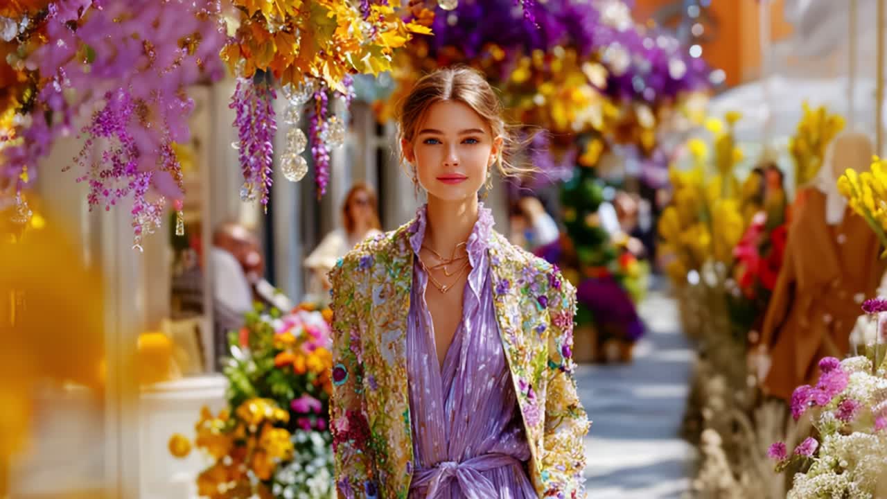 A Stunning Fashion Model in a Floral Wonderland: Elegantly Styled with Vibrant Flowers and a Captivating Background Creates a Dreamlike Atmosphere of Beauty and Style