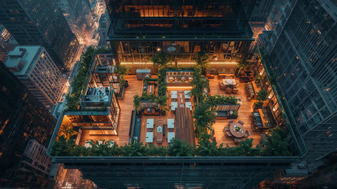 Descending drone moving toward rooftop terrace at dusk showing decking, dining table, planters