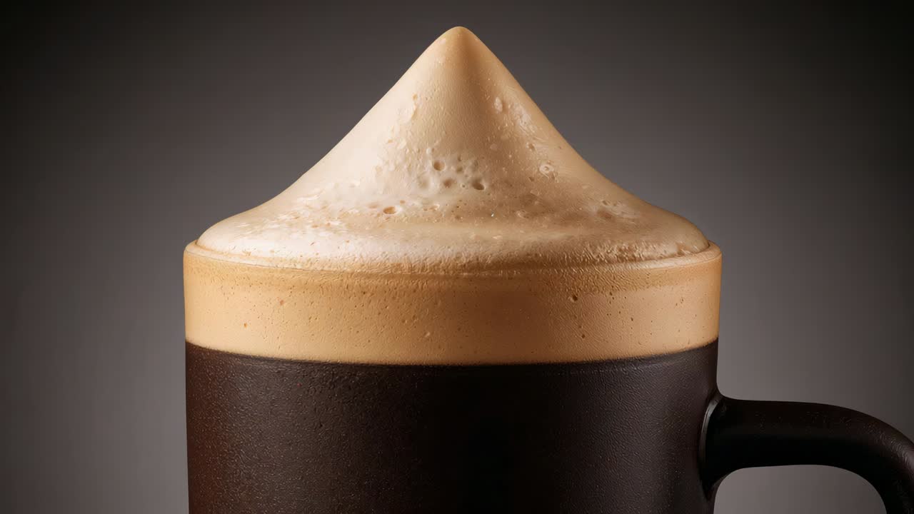 Recording cone foam settling atop dark mug with right handle in studio, showing tiny bubbles, drops