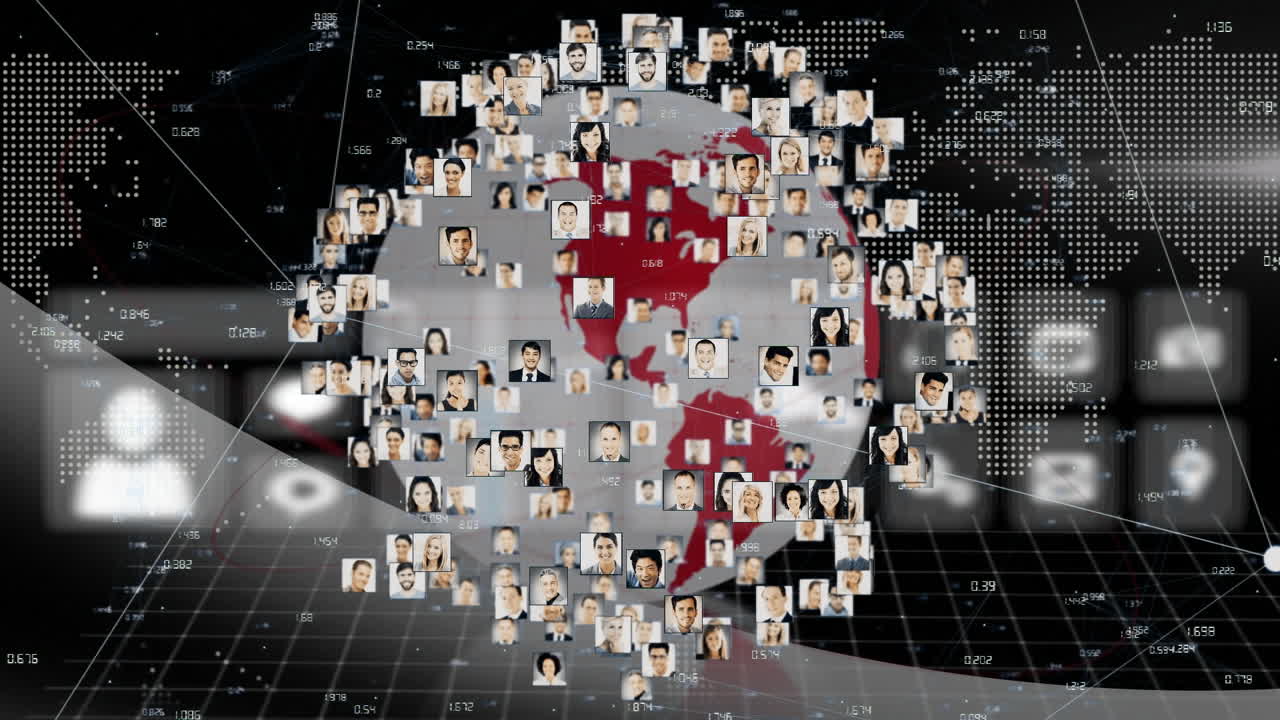 전 세계에 있는 디지털 아이콘과 사람들의 사진으로 연결된 네트워크의 애니메이션