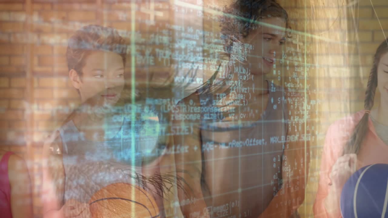 Teens holding balls, glancing, head-turning causing eyecode overlay moving across faces for sports