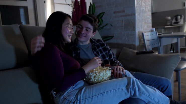 Coppia che guarda la TV con i popcorn