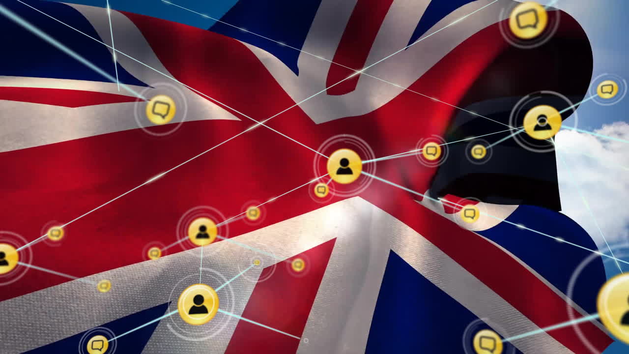 영국 국기 위의 아이콘과 사람들과의 연결 네트워크의 애니메이션