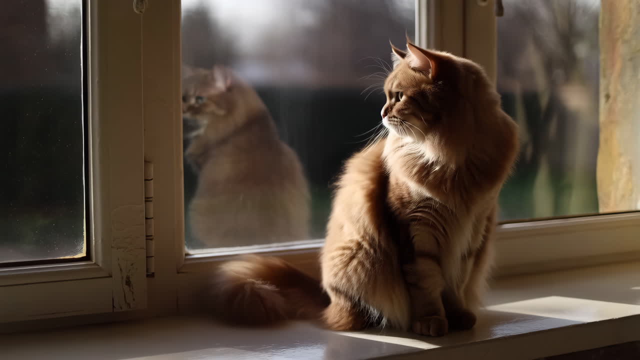 A fluffy ginger cat sits on a sunlit windowsill, looking out the window with its reflection visible