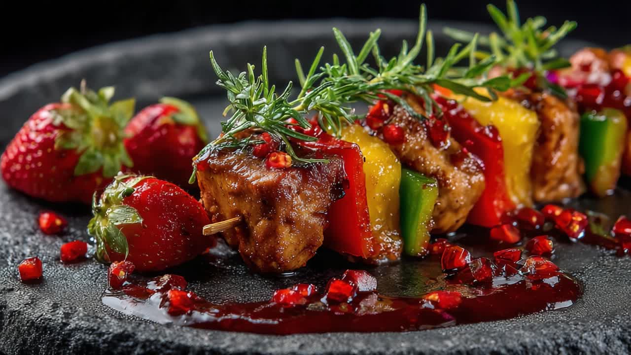 Deliziose prelibatezze su spiedini con carne succulenta, verdure fresche e fragole dolci, servite su un piatto di ardesia scura per un'esperienza culinaria gourmet.