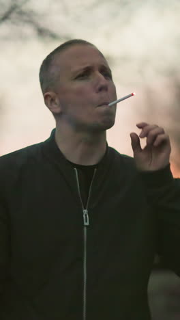 un hombre con una chaqueta verde enciende un cigarrillo al anochecer en un bosque débilmente iluminado, el fondo presenta un coche borroso con sus faros encendidos