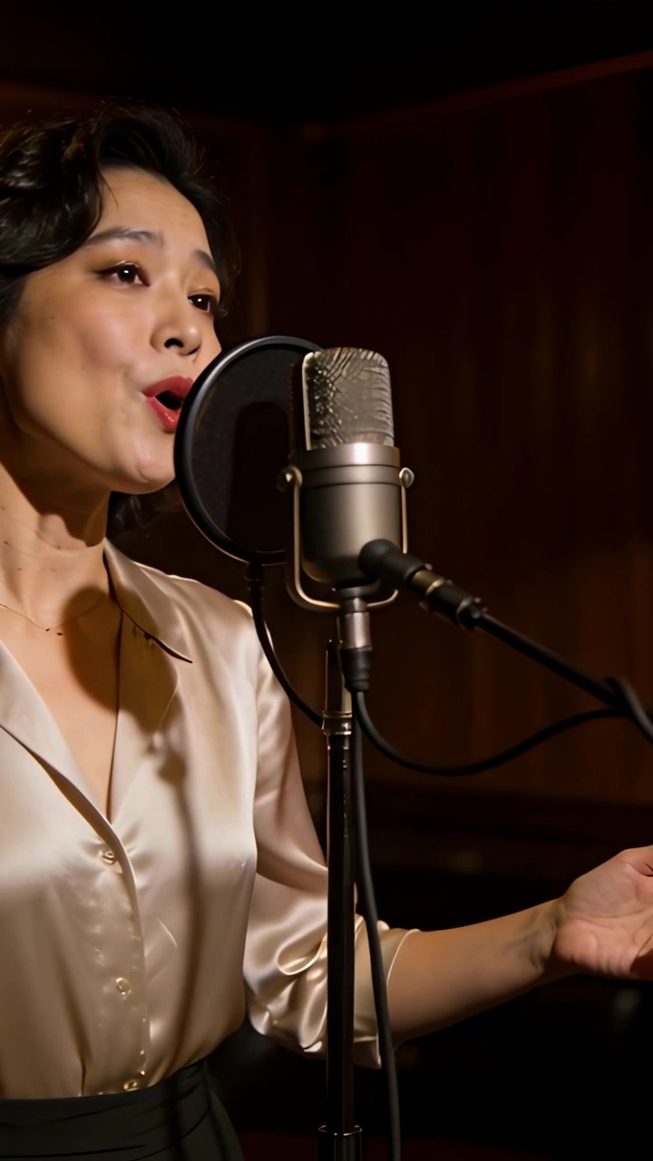 Video verticale: Cantante che canta, inspira e proietta una nota, registrando in studio con un microfono, indossando un top di raso.