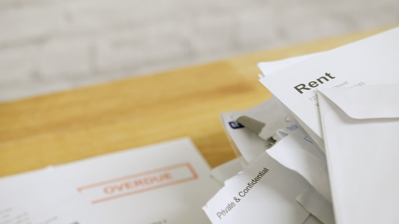 primer plano de un montón de facturas y cartas con un aviso de alquiler vencido