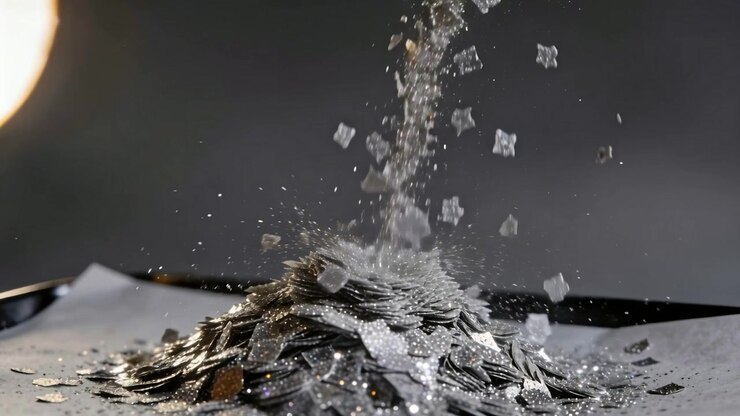 Pouring thin stream striking scale mound on tray lined paper, studio light left, growing pile
