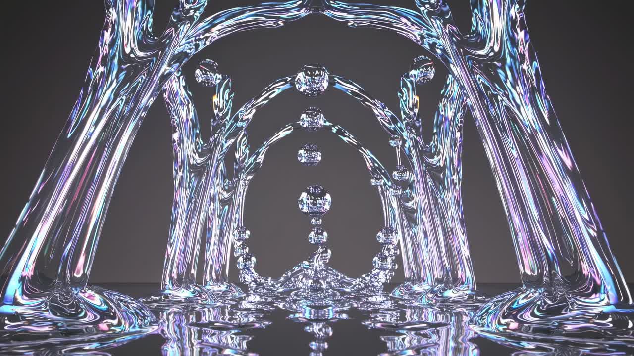 Intricate iridescent liquid sculpture creates a mesmerizing symmetrical pattern with reflective surfaces and vibrant colors