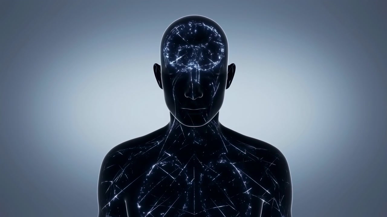 Primo piano medio frontale di un busto umanoide nero lucido che mostra testa, collo e parte superiore del busto, con luce interna che si espande sulla superficie liscia e riflettente