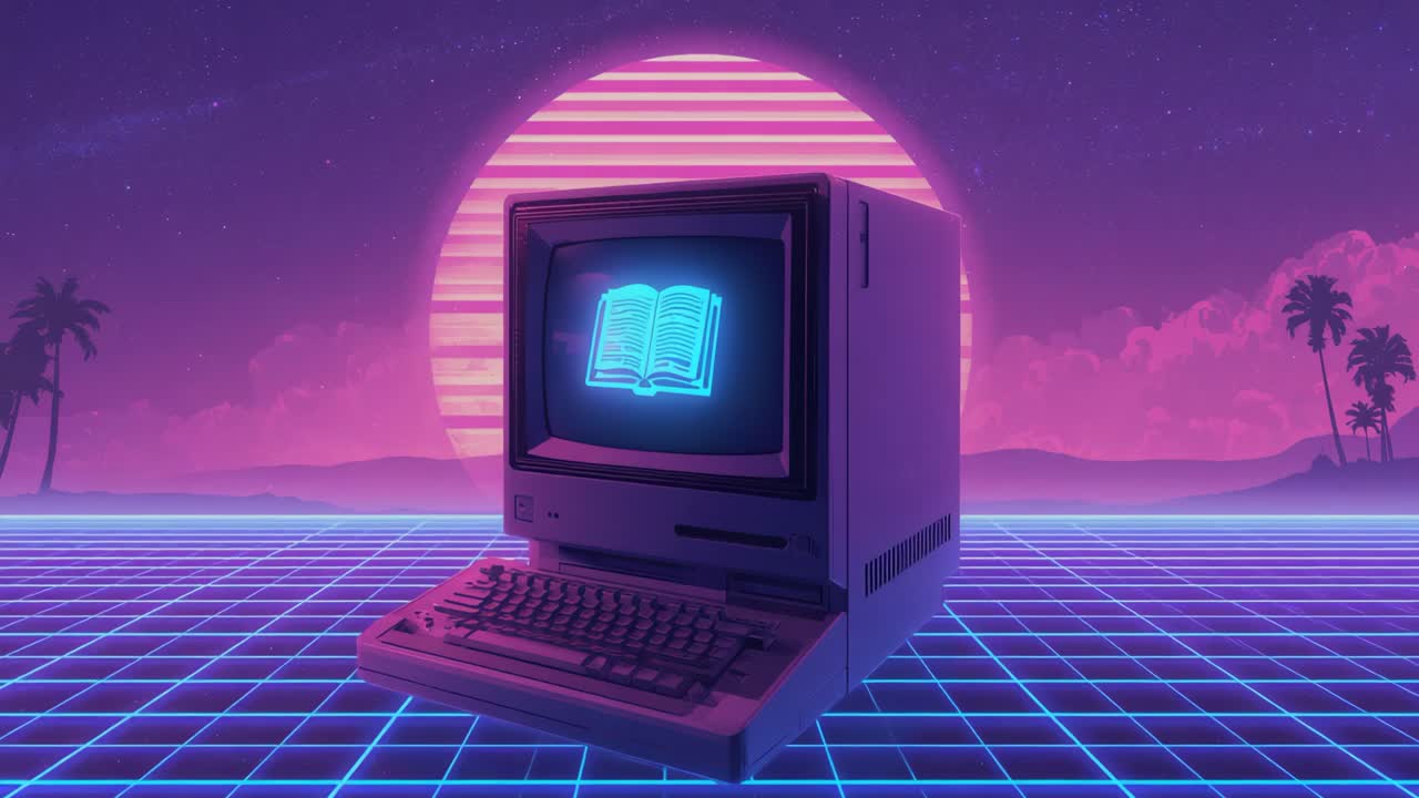 Retro Computer with Book Icon on Screen