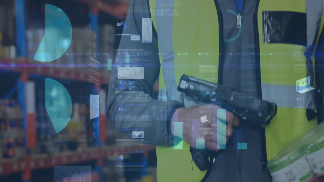 animación de estadísticas y procesamiento de datos financieros sobre el hombre que trabaja en el almacén