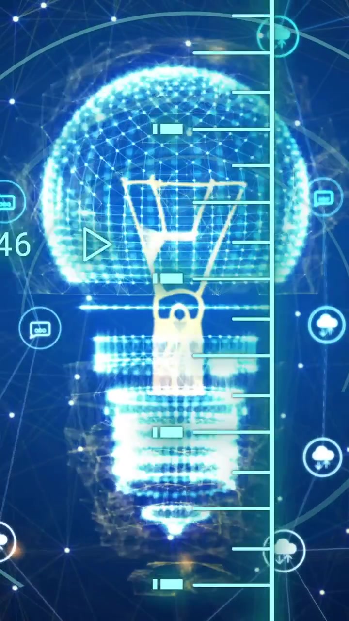 Animation of scanner, processing data, light bulb and communication networks on dark background