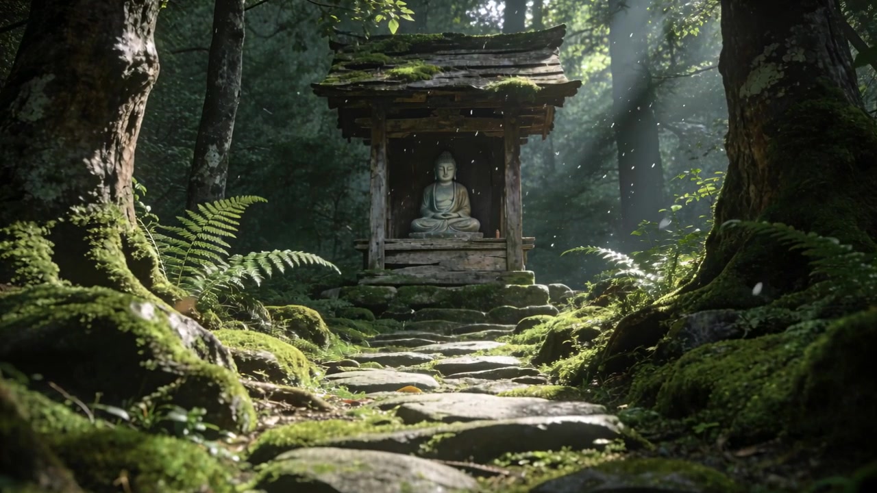 Telecamera che avanza lungo un sentiero muschioso verso un santuario di legno, mostrando un Buddha di pietra seduto e raggi di luce.