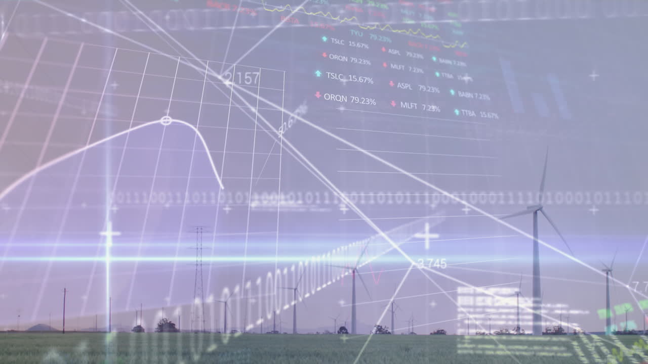 주식 시장 데이터 처리의 애니메이션과 초원에서 회전하는 풍차 위의 파란 빛의 흔적