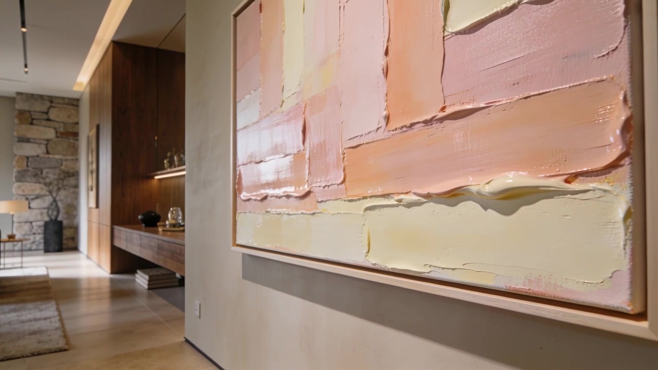 Camera trekt terug en onthult een abstract schilderij, opent het zicht op een woonruimte in de gang, met ruimte voor tekst