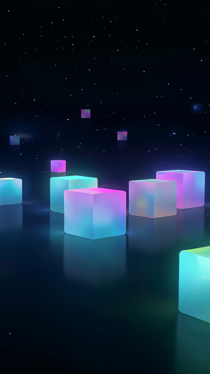 Vertical video: Gliding camera starting upon scene opening, revealing glowing cubes on glossy plane