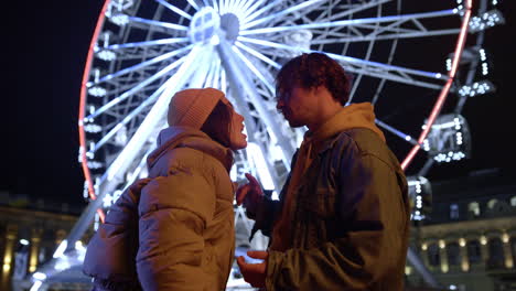 man and woman felling happy in city