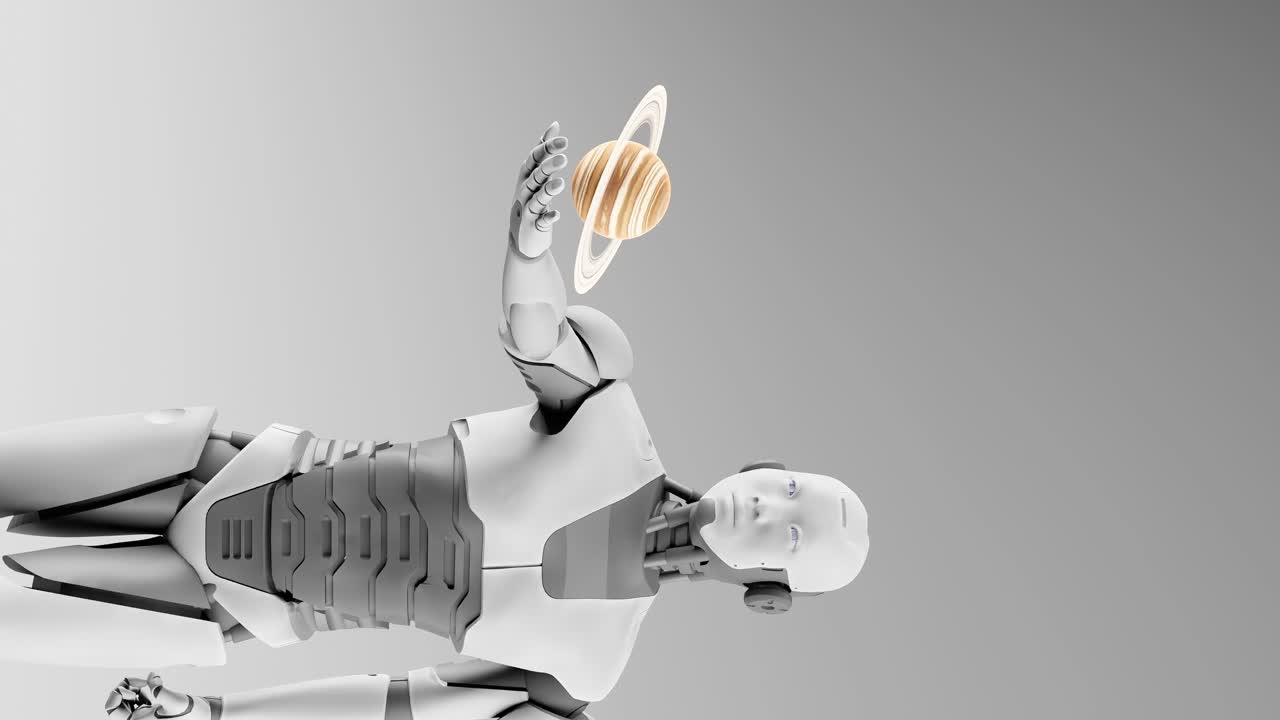 un prototipo humanoide cyborg vertical sosteniendo saturno, el planeta del sistema solar, la inteligencia artificial se hace cargo del concepto, conquistando el espacio y la galaxia en un escenario futurista.