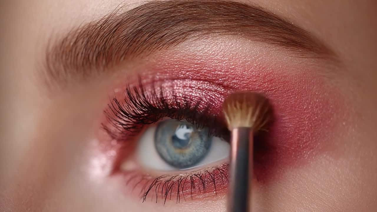 Applicazione di ombretto rosa acceso con pennello di precisione nella routine di trucco