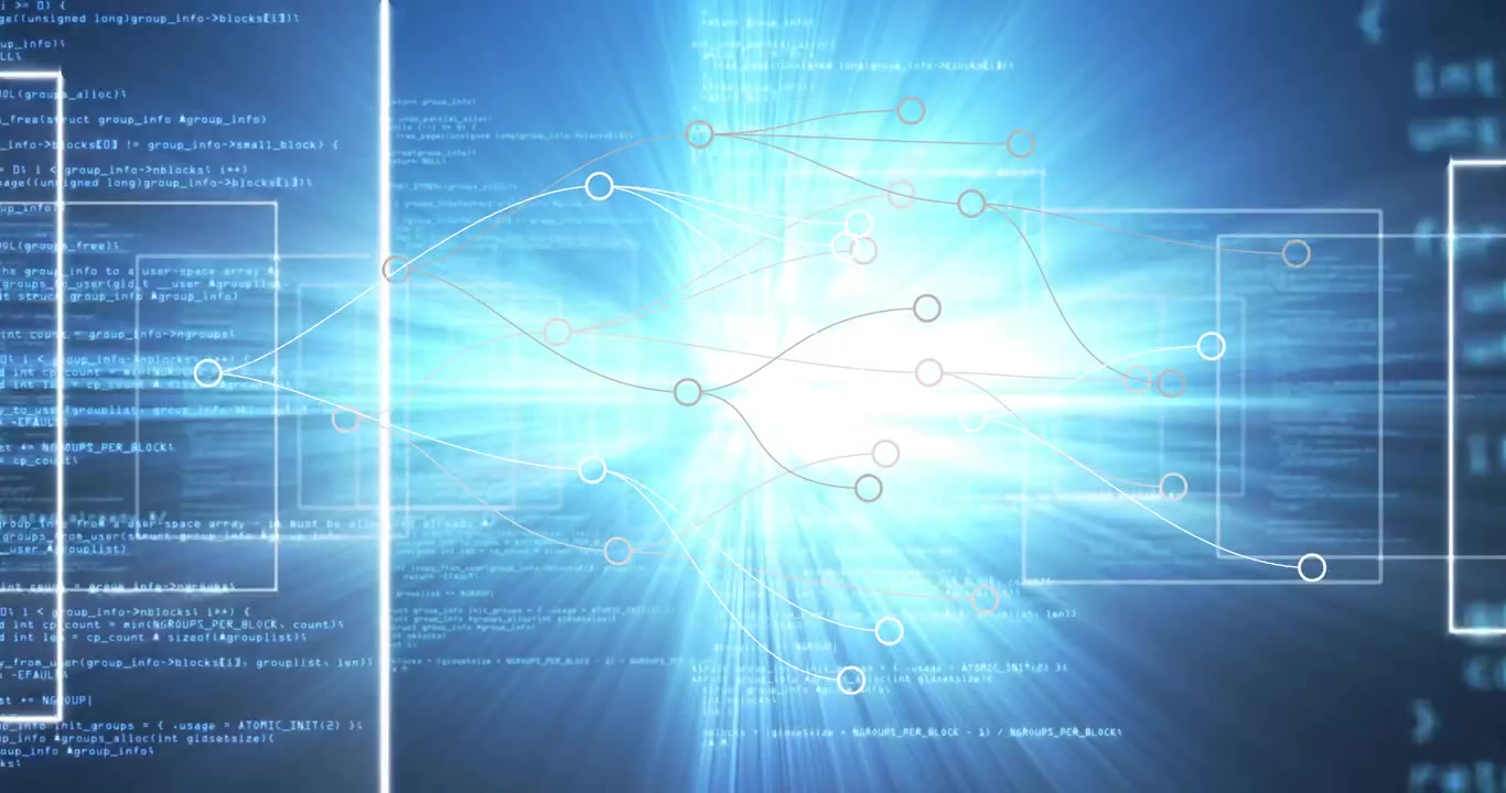 White frames appearing, network connecting nodes, code scrolling and glow pulsing for data flow