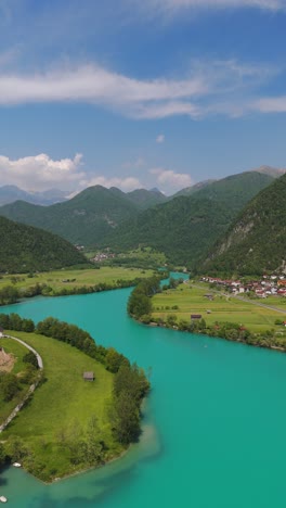 most na soči, town on emerald river in posočje, slovenia, vertical shooting