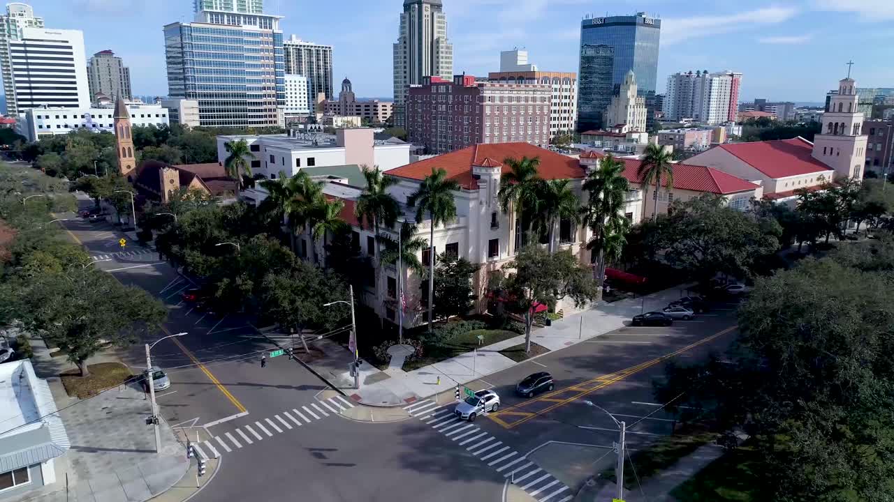 4K Aerial Video of St Petersburg City Hall with Downtown Skyline