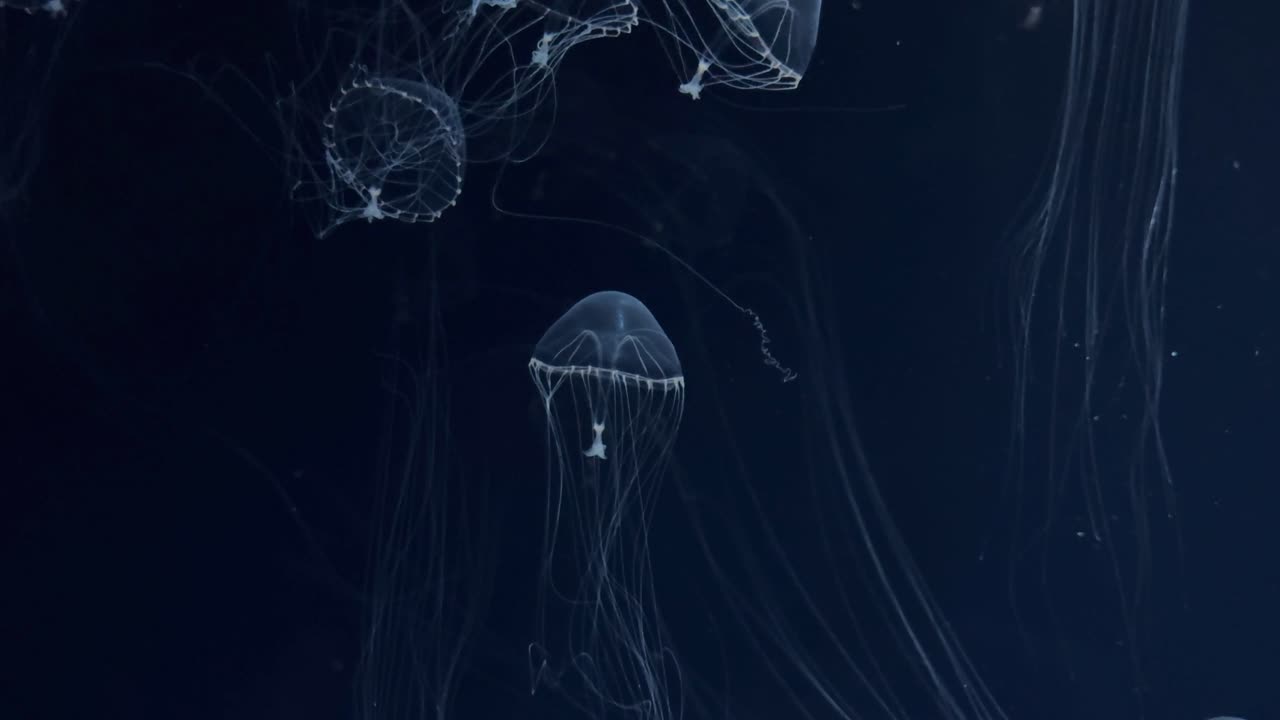 Jellyfish gracefully float in deep blue water, their tentacles trailing behind them