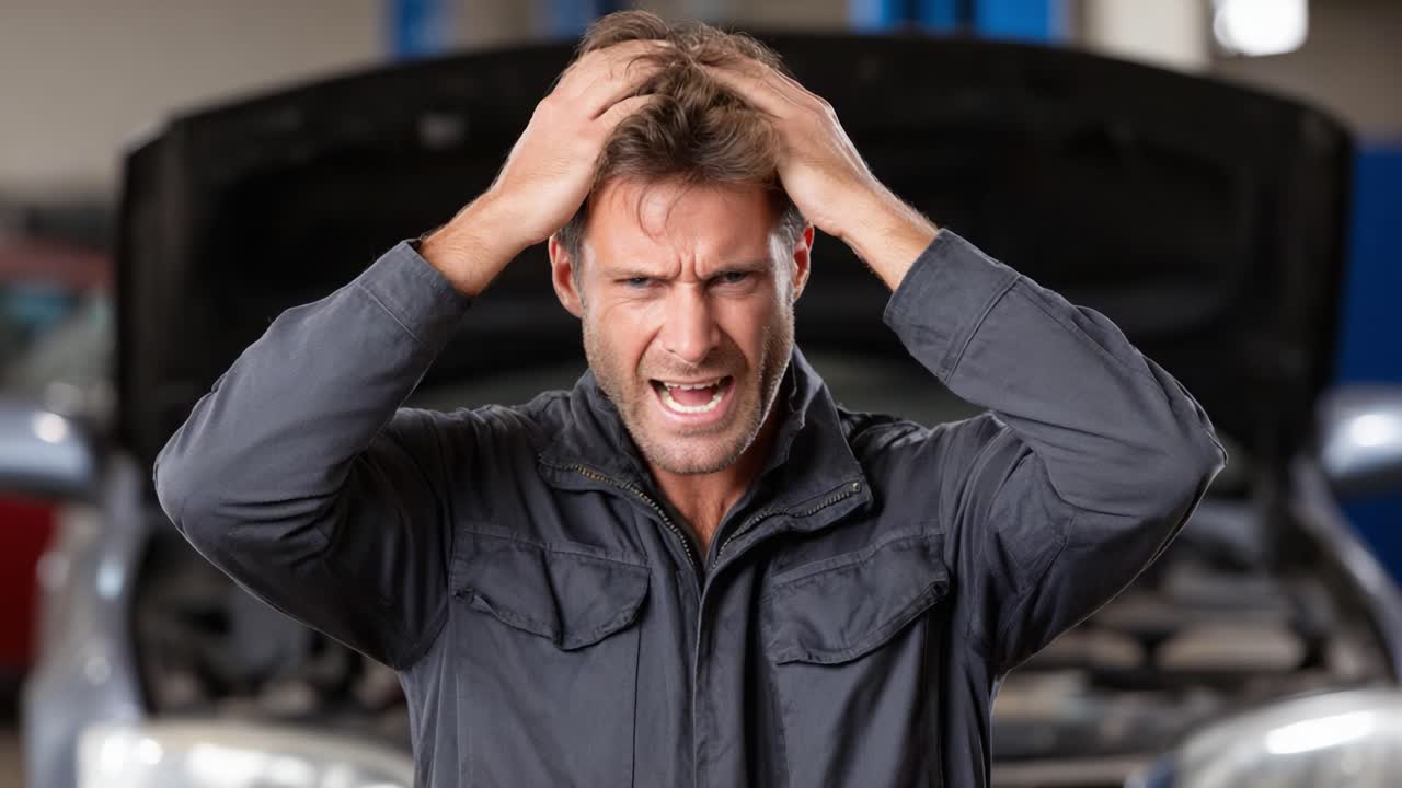 An Frustrated Mechanic Expresses Anger and Determination While Dealing with a Car Breakdown in an Auto Repair Shop