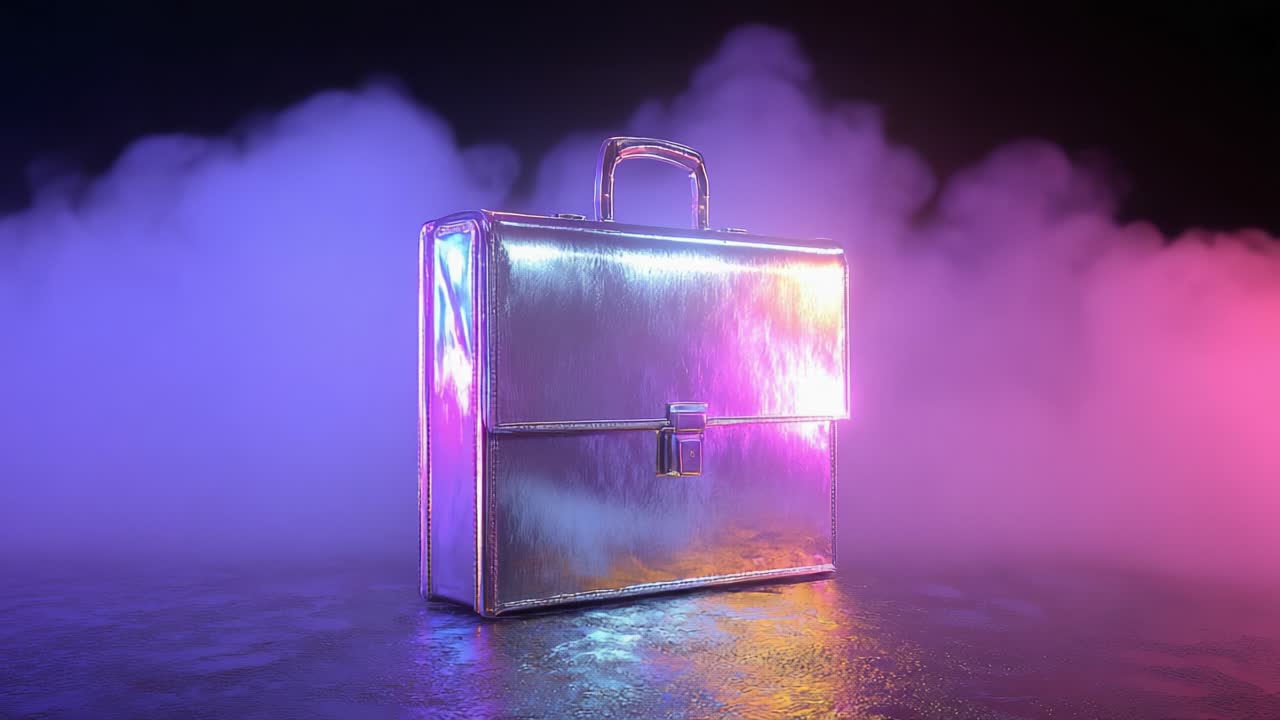 A stunning metallic briefcase illuminated with vibrant hues set against a smoky backdrop creates a captivating visual narrative that combines mystery, elegance, and intrigue, inviting exploration of its hidden contents