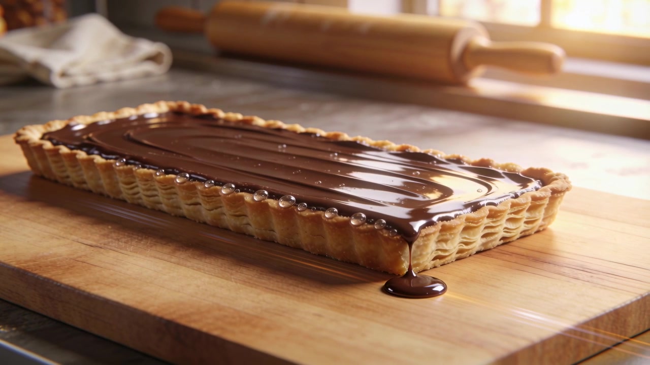 Dripping freshly glazed tart in pan cooling on board, glaze forming puddle, rolling pin and cloth