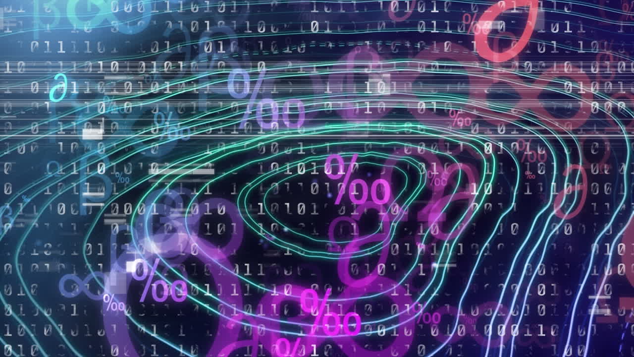 Animation of black digital screen with binary code and percents