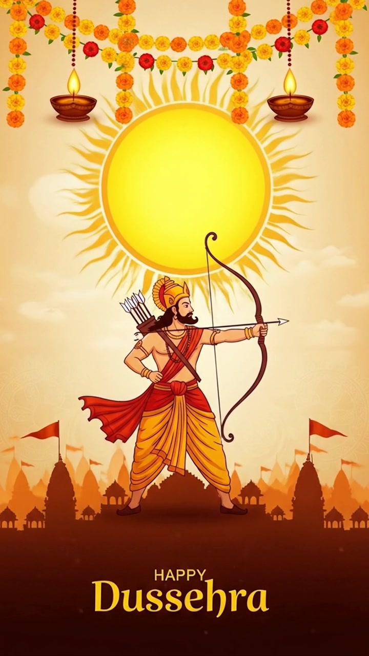 Lord Rama che mira con arco e freccia durante il festival di Dussehra
