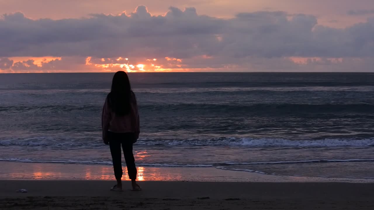 Silhouette of a Girl Watching Sunset on the Beach