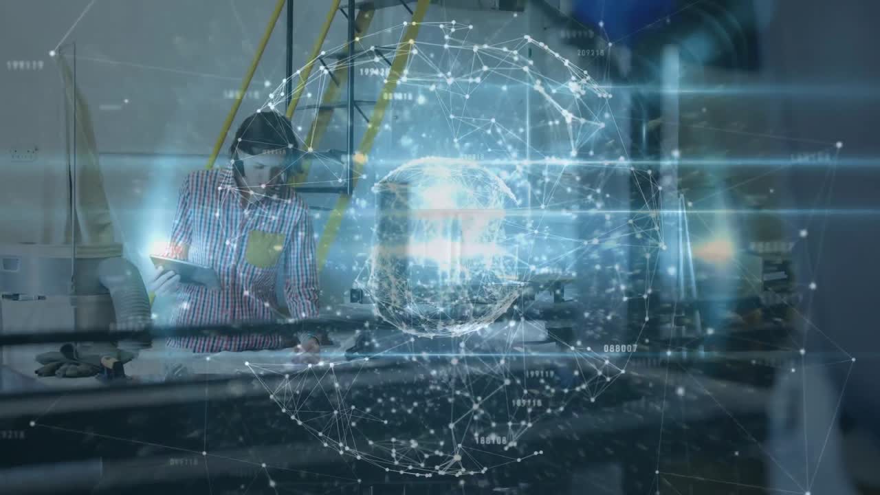 una rete di connessioni che forma un globo contro una donna che usa un tablet digitale