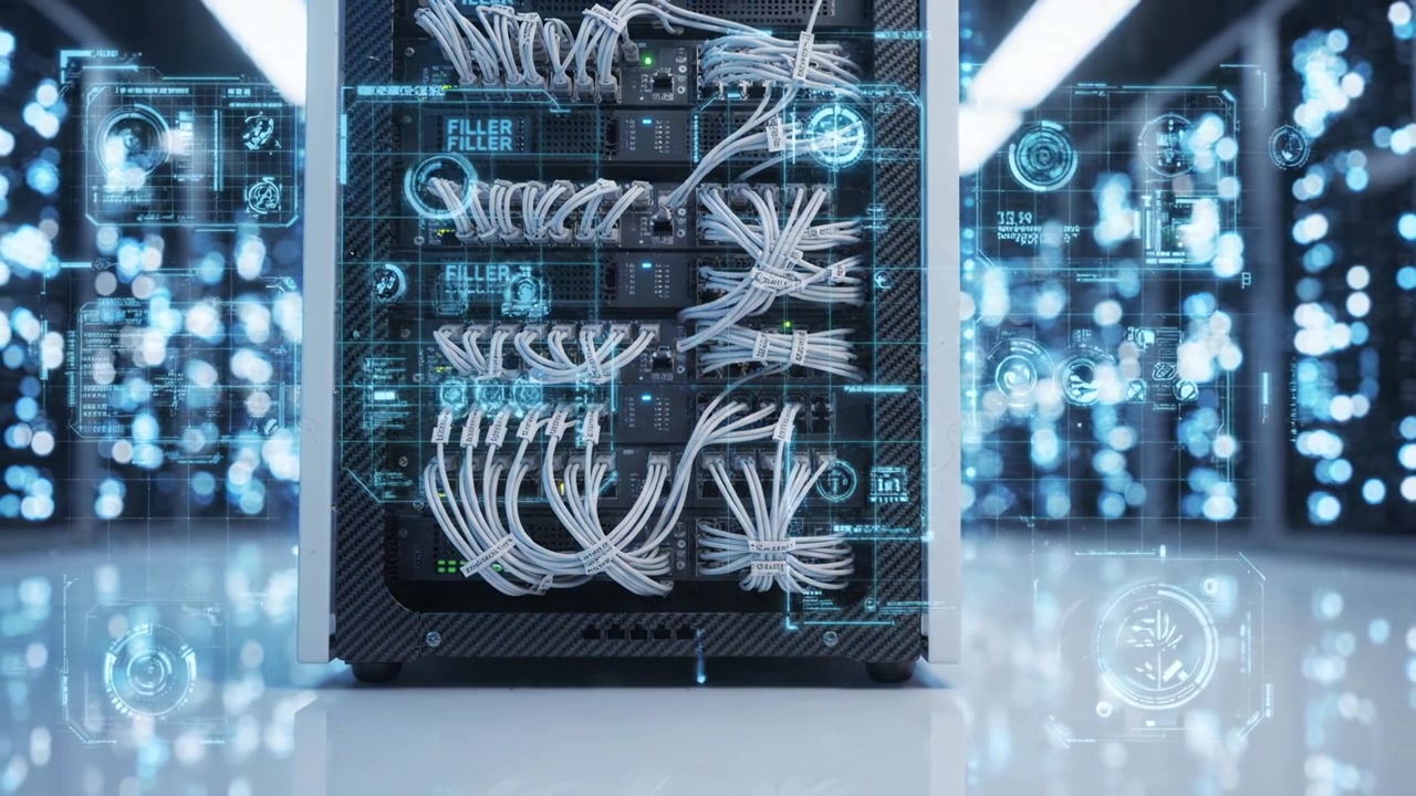 Advanced Data Center Infrastructure with High-Tech Server Rack Featuring Complex Cables and Bright LED Background to Enhance Efficiency and Connectivity.