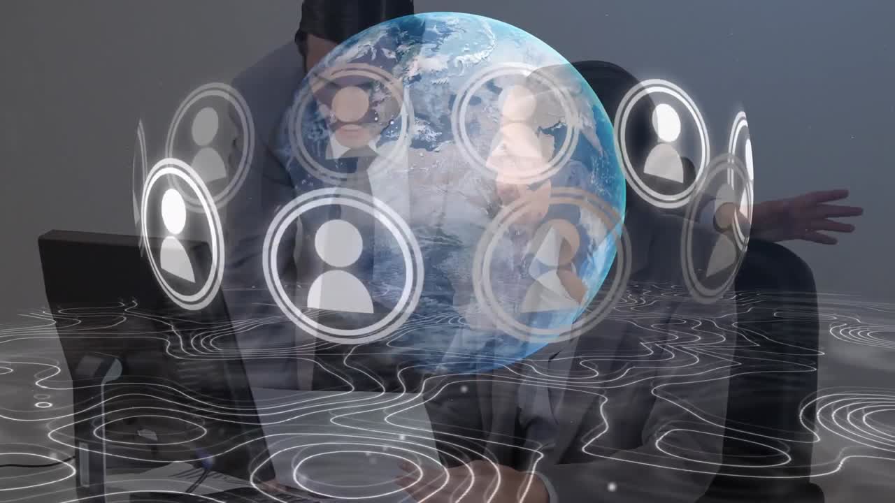 анимация глобуса, сеть связей с иконами над бизнесменами.