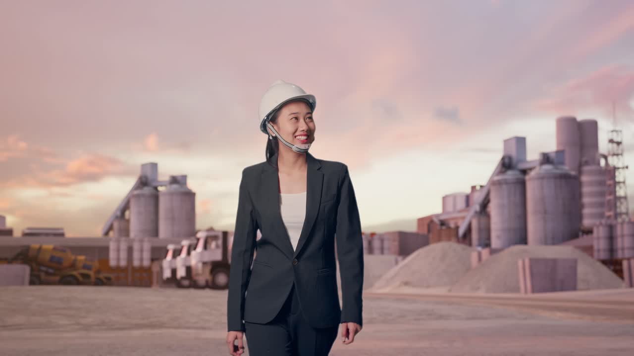 Asiatisk forretningskvinde set forfra, der går og kigger sig omkring ved en industriel cementfabrik i solnedgangen.