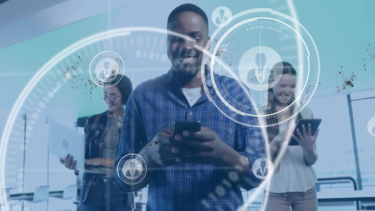 Coworkers entering office interacting on devices, spawning HUD network icons showing connectivity